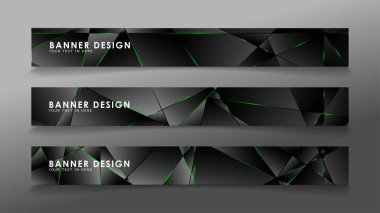 kare afiş vektör koleksiyonu . Lüks koyu poligonal desen ve yeşil üçgen çizgileri ile siyah prim arka plan