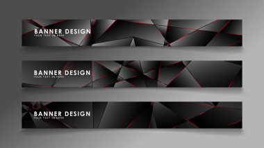 Kare afiş vektör koleksiyonu . Lüks koyu poligonal desen li ve kırmızı üçgen çizgileri olan siyah premium arka plan