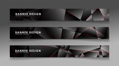 Kare afiş vektör koleksiyonu . Lüks koyu poligonal desen li ve kırmızı üçgen çizgileri olan siyah premium arka plan