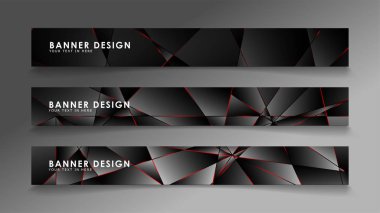 Kare afiş vektör koleksiyonu . Lüks koyu poligonal desen li ve kırmızı üçgen çizgileri olan siyah premium arka plan