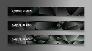 kare afiş vektör koleksiyonu . Lüks koyu poligonal desen ve yeşil üçgen çizgileri ile siyah prim arka plan