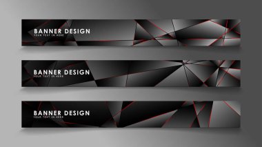 Kare afiş vektör koleksiyonu . Lüks koyu poligonal desen li ve kırmızı üçgen çizgileri olan siyah premium arka plan