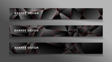 Kare afiş vektör koleksiyonu . Lüks koyu poligonal desen li ve kırmızı üçgen çizgileri olan siyah premium arka plan