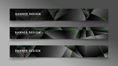 kare afiş vektör koleksiyonu . Lüks koyu poligonal desen ve yeşil üçgen çizgileri ile siyah prim arka plan