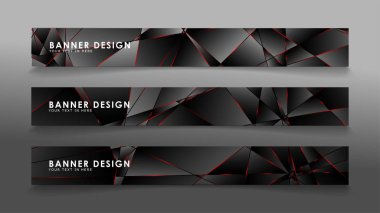 Kare afiş vektör koleksiyonu . Lüks koyu poligonal desen li ve kırmızı üçgen çizgileri olan siyah premium arka plan