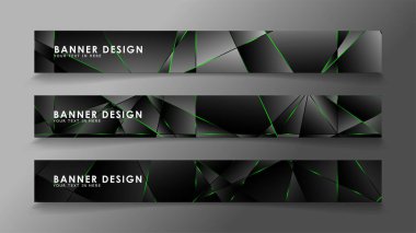 kare afiş vektör koleksiyonu . Lüks koyu poligonal desen ve yeşil üçgen çizgileri ile siyah prim arka plan