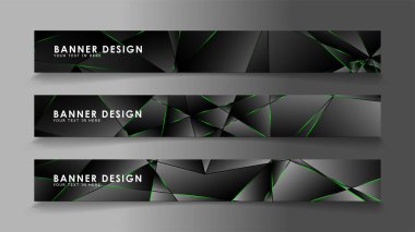 kare afiş vektör koleksiyonu . Lüks koyu poligonal desen ve yeşil üçgen çizgileri ile siyah prim arka plan