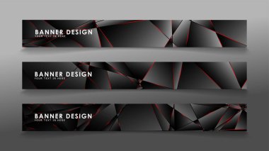 Kare afiş vektör koleksiyonu . Lüks koyu poligonal desen li ve kırmızı üçgen çizgileri olan siyah premium arka plan