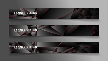 Kare afiş vektör koleksiyonu . Lüks koyu poligonal desen li ve kırmızı üçgen çizgileri olan siyah premium arka plan