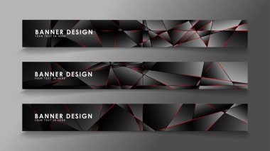 Kare afiş vektör koleksiyonu . Lüks koyu poligonal desen li ve kırmızı üçgen çizgileri olan siyah premium arka plan