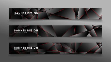 Kare afiş vektör koleksiyonu . Lüks koyu poligonal desen li ve kırmızı üçgen çizgileri olan siyah premium arka plan