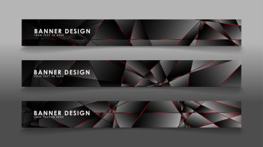 Kare afiş vektör koleksiyonu . Lüks koyu poligonal desen li ve kırmızı üçgen çizgileri olan siyah premium arka plan