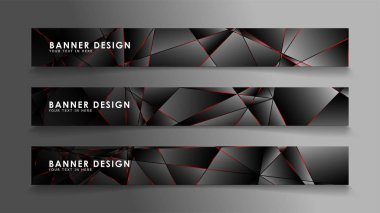 Kare afiş vektör koleksiyonu . Lüks koyu poligonal desen li ve kırmızı üçgen çizgileri olan siyah premium arka plan