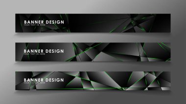 kare afiş vektör koleksiyonu . Lüks koyu poligonal desen ve yeşil üçgen çizgileri ile siyah prim arka plan