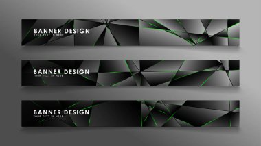 kare afiş vektör koleksiyonu . Lüks koyu poligonal desen ve yeşil üçgen çizgileri ile siyah prim arka plan