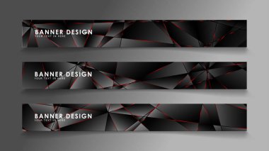 Kare afiş vektör koleksiyonu . Lüks koyu poligonal desen li ve kırmızı üçgen çizgileri olan siyah premium arka plan