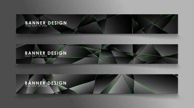 kare afiş vektör koleksiyonu . Lüks koyu poligonal desen ve yeşil üçgen çizgileri ile siyah prim arka plan