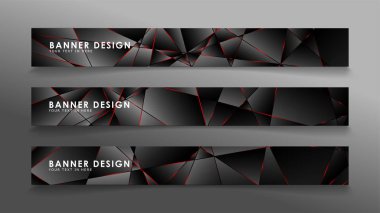 Kare afiş vektör koleksiyonu . Lüks koyu poligonal desen li ve kırmızı üçgen çizgileri olan siyah premium arka plan