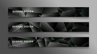 kare afiş vektör koleksiyonu . Lüks koyu poligonal desen ve yeşil üçgen çizgileri ile siyah prim arka plan