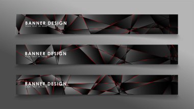 Kare afiş vektör koleksiyonu . Lüks koyu poligonal desen li ve kırmızı üçgen çizgileri olan siyah premium arka plan