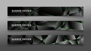 kare afiş vektör koleksiyonu . Lüks koyu poligonal desen ve yeşil üçgen çizgileri ile siyah prim arka plan