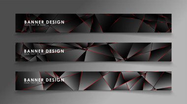 Kare afiş vektör koleksiyonu . Lüks koyu poligonal desen li ve kırmızı üçgen çizgileri olan siyah premium arka plan