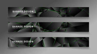 kare afiş vektör koleksiyonu . Lüks koyu poligonal desen ve yeşil üçgen çizgileri ile siyah prim arka plan