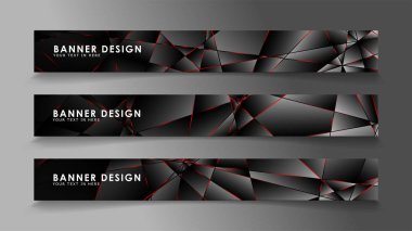 Kare afiş vektör koleksiyonu . Lüks koyu poligonal desen li ve kırmızı üçgen çizgileri olan siyah premium arka plan