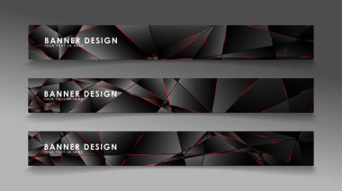 Kare afiş vektör koleksiyonu . Lüks koyu poligonal desen li ve kırmızı üçgen çizgileri olan siyah premium arka plan