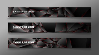 Kare afiş vektör koleksiyonu . Lüks koyu poligonal desen li ve kırmızı üçgen çizgileri olan siyah premium arka plan