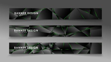 kare afiş vektör koleksiyonu . Lüks koyu poligonal desen ve yeşil üçgen çizgileri ile siyah prim arka plan