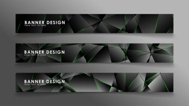 kare afiş vektör koleksiyonu . Lüks koyu poligonal desen ve yeşil üçgen çizgileri ile siyah prim arka plan