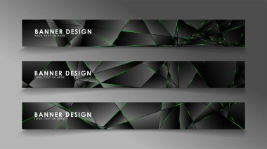 kare afiş vektör koleksiyonu . Lüks koyu poligonal desen ve yeşil üçgen çizgileri ile siyah prim arka plan
