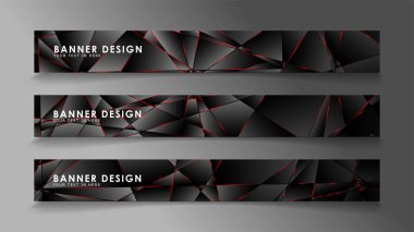 Kare afiş vektör koleksiyonu . Lüks koyu poligonal desen li ve kırmızı üçgen çizgileri olan siyah premium arka plan