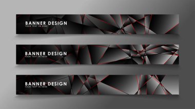 Kare afiş vektör koleksiyonu . Lüks koyu poligonal desen li ve kırmızı üçgen çizgileri olan siyah premium arka plan