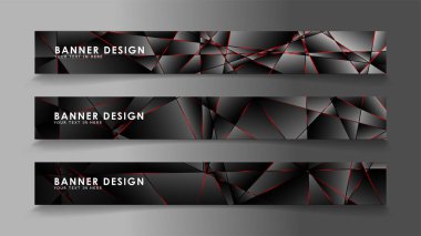 Kare afiş vektör koleksiyonu . Lüks koyu poligonal desen li ve kırmızı üçgen çizgileri olan siyah premium arka plan