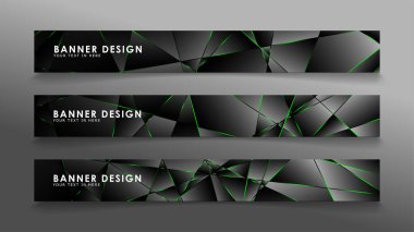 kare afiş vektör koleksiyonu . Lüks koyu poligonal desen ve yeşil üçgen çizgileri ile siyah prim arka plan