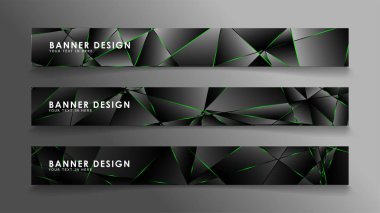 kare afiş vektör koleksiyonu . Lüks koyu poligonal desen ve yeşil üçgen çizgileri ile siyah prim arka plan