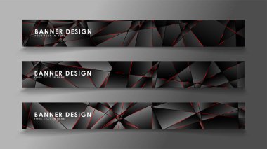 Kare afiş vektör koleksiyonu . Lüks koyu poligonal desen li ve kırmızı üçgen çizgileri olan siyah premium arka plan