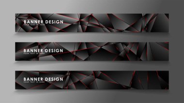 Kare afiş vektör koleksiyonu . Lüks koyu poligonal desen li ve kırmızı üçgen çizgileri olan siyah premium arka plan