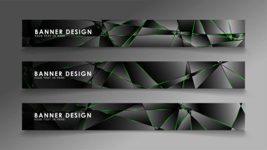 kare afiş vektör koleksiyonu . Lüks koyu poligonal desen ve yeşil üçgen çizgileri ile siyah prim arka plan