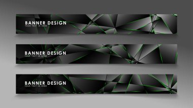 kare afiş vektör koleksiyonu . Lüks koyu poligonal desen ve yeşil üçgen çizgileri ile siyah prim arka plan