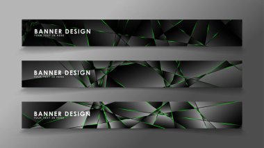 kare afiş vektör koleksiyonu . Lüks koyu poligonal desen ve yeşil üçgen çizgileri ile siyah prim arka plan