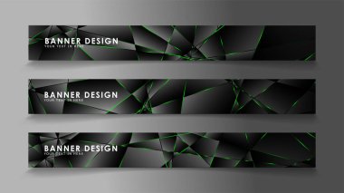 kare afiş vektör koleksiyonu . Lüks koyu poligonal desen ve yeşil üçgen çizgileri ile siyah prim arka plan