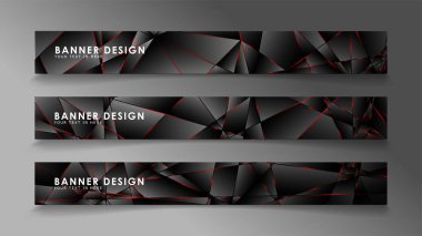 Kare afiş vektör koleksiyonu . Lüks koyu poligonal desen li ve kırmızı üçgen çizgileri olan siyah premium arka plan