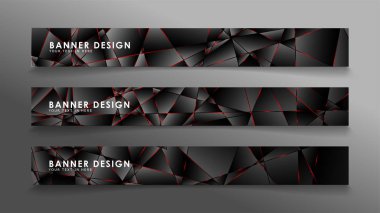 Kare afiş vektör koleksiyonu . Lüks koyu poligonal desen li ve kırmızı üçgen çizgileri olan siyah premium arka plan