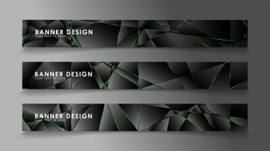 kare afiş vektör koleksiyonu . Lüks koyu poligonal desen ve yeşil üçgen çizgileri ile siyah prim arka plan