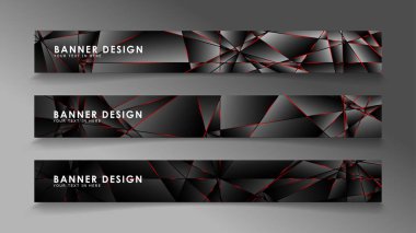 Kare afiş vektör koleksiyonu . Lüks koyu poligonal desen li ve kırmızı üçgen çizgileri olan siyah premium arka plan