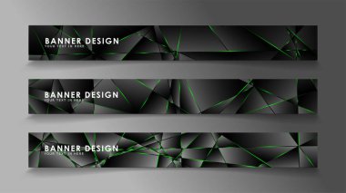 kare afiş vektör koleksiyonu . Lüks koyu poligonal desen ve yeşil üçgen çizgileri ile siyah prim arka plan