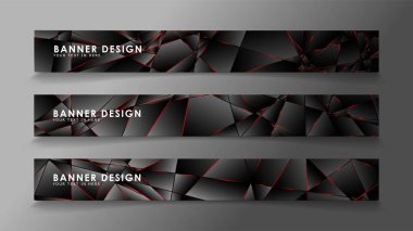 Kare afiş vektör koleksiyonu . Lüks koyu poligonal desen li ve kırmızı üçgen çizgileri olan siyah premium arka plan